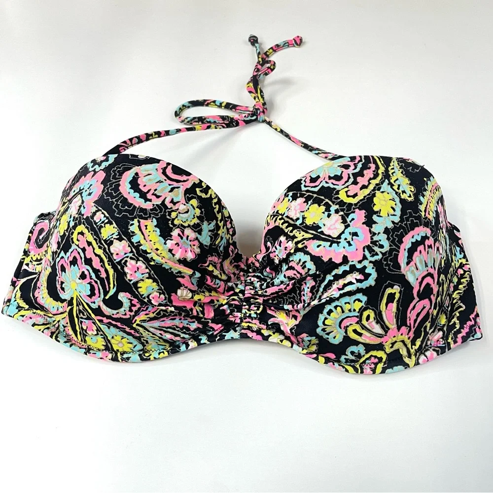 Victorias Secret 34D Flirt Bandeau Bikini Top Floral 3DA Black Pink Blue #1325 - Picture 1 of 12
